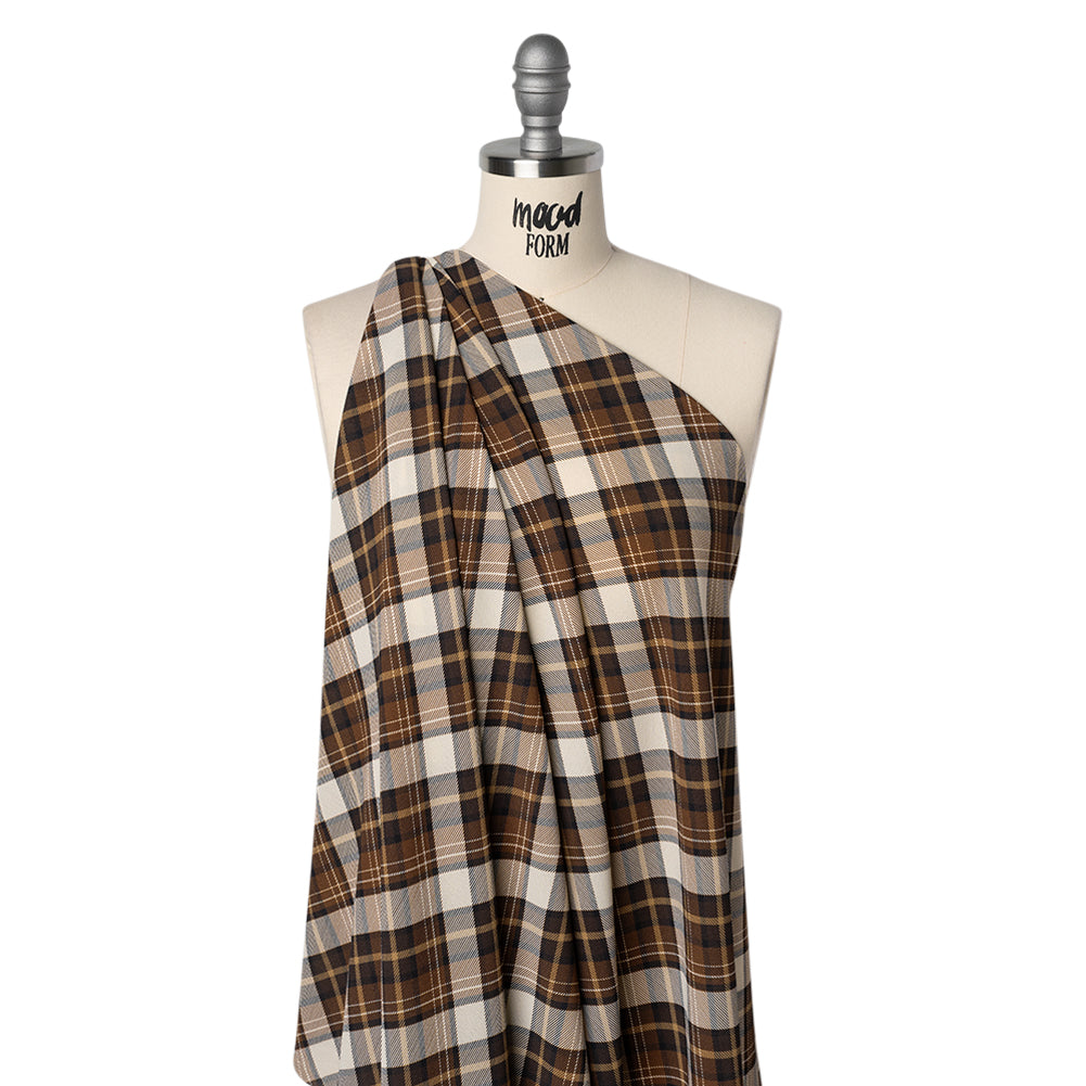 Stretch Polyester Crepe - Brown, Beige and Navy Diagonal Plaid - Designer Deadstock