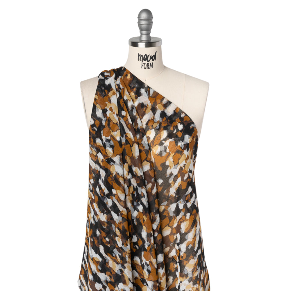 Crinkled Polyester Chiffon Print - Black, Brown and White Painterly Spots - Designer Deadstock
