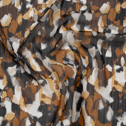 Crinkled Polyester Chiffon Print - Black, Brown and White Painterly Spots - Designer Deadstock