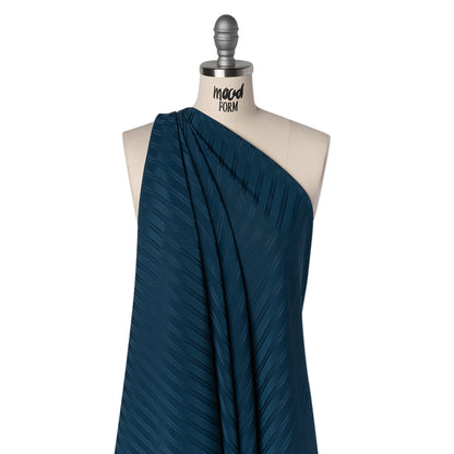 Polyester Dobby Plisse - Navy Blue Satin Stripes - Designer Deadstock