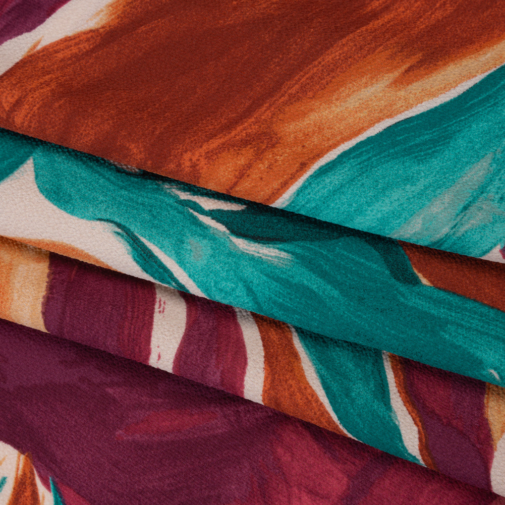 Stretch Puckered Polyester Crepe Print - Deep Magenta, Burnt Orange and Teal Painterly Flowers - Designer Deadstock Folded