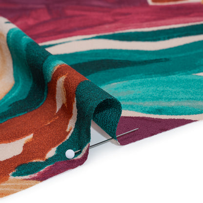 Stretch Puckered Polyester Crepe Print - Deep Magenta, Burnt Orange and Teal Painterly Flowers - Designer Deadstock Detail