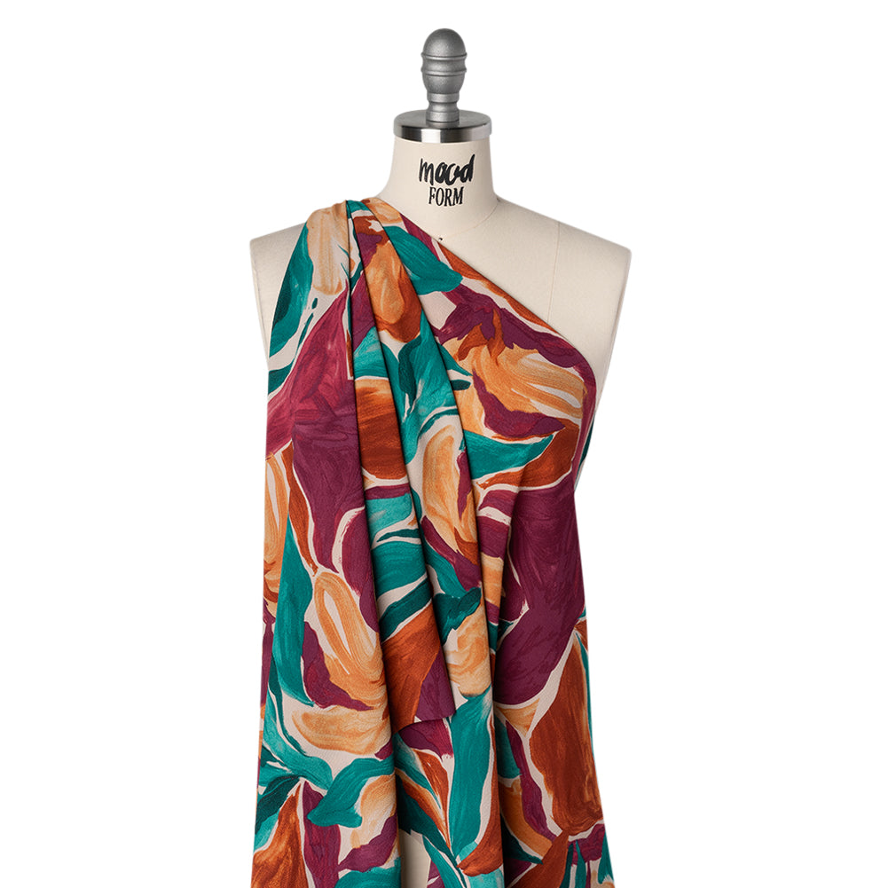 Stretch Puckered Polyester Crepe Print - Deep Magenta, Burnt Orange and Teal Painterly Flowers - Designer Deadstock Drape