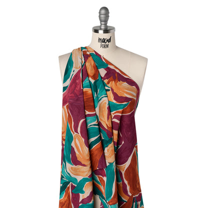 Stretch Puckered Polyester Crepe Print - Deep Magenta, Burnt Orange and Teal Painterly Flowers - Designer Deadstock Drape