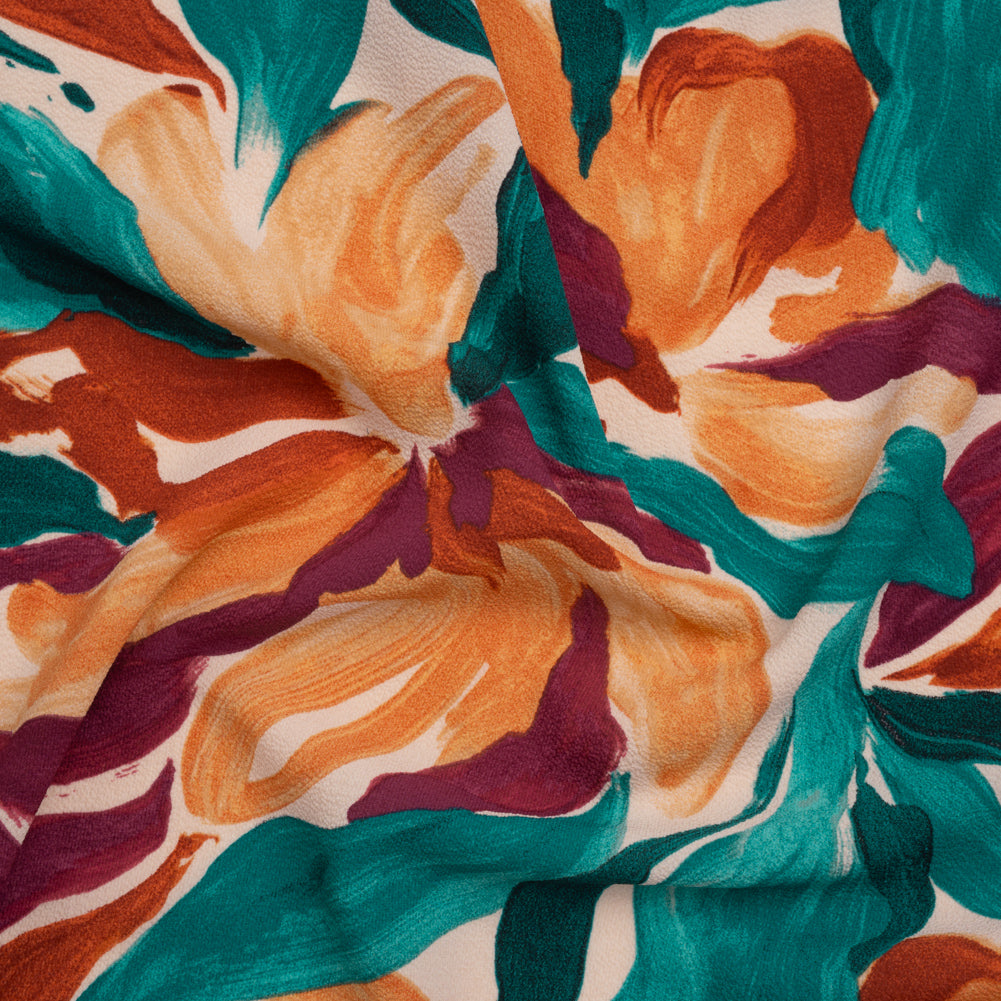 Stretch Puckered Polyester Crepe Print - Deep Magenta, Burnt Orange and Teal Painterly Flowers - Designer Deadstock