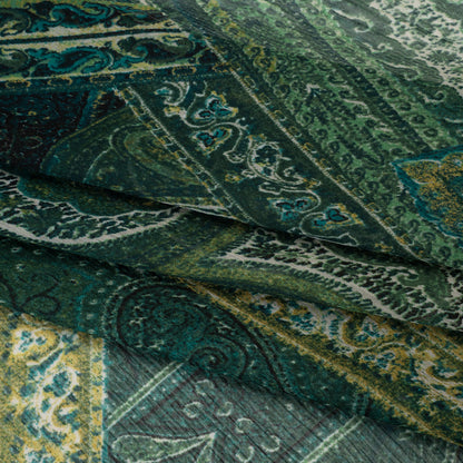 Crinkled Polyester Chiffon Print - Green and Golden Yellow Ornate Paisley Patchwork - Designer Deadstock
