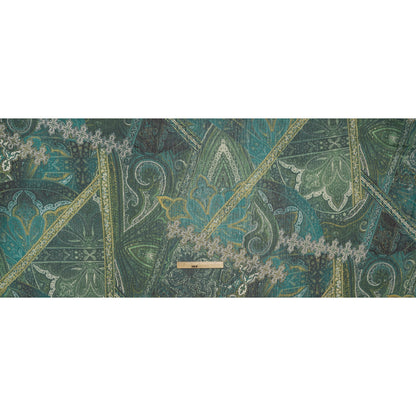 Crinkled Polyester Chiffon Print - Green and Golden Yellow Ornate Paisley Patchwork - Designer Deadstock