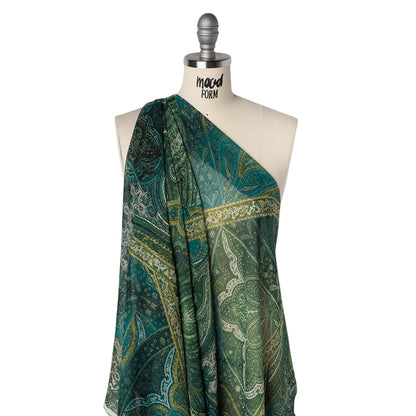 Crinkled Polyester Chiffon Print - Green and Golden Yellow Ornate Paisley Patchwork - Designer Deadstock