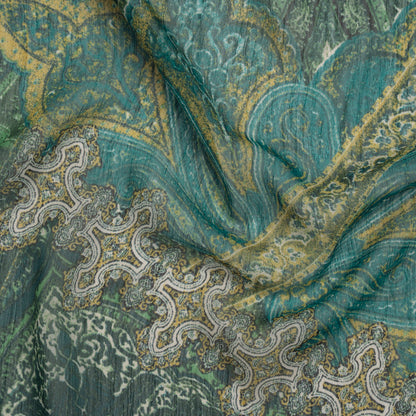 Crinkled Polyester Chiffon Print - Green and Golden Yellow Ornate Paisley Patchwork - Designer Deadstock