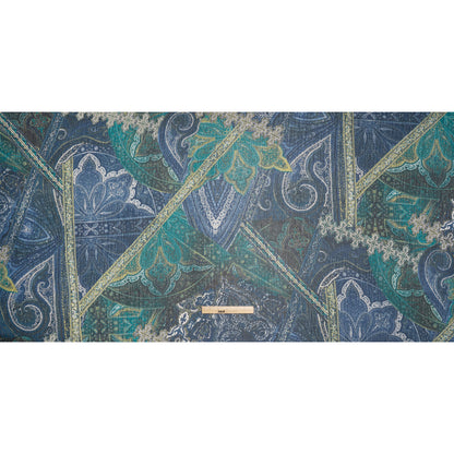 Crinkled Polyester Chiffon Print - Dark Blue, Teal and Olive Ornate Paisley Patchwork - Designer Deadstock