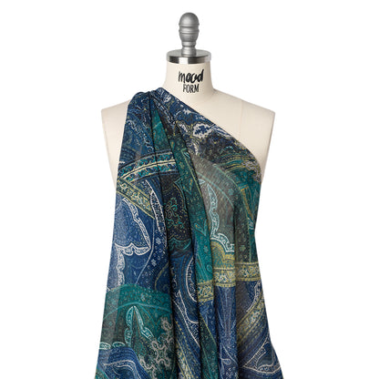 Crinkled Polyester Chiffon Print - Dark Blue, Teal and Olive Ornate Paisley Patchwork - Designer Deadstock