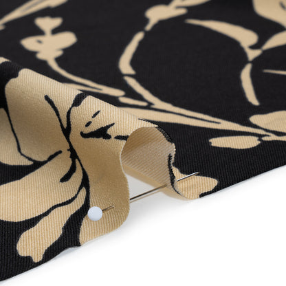 Stretch Polyester Twill Print - Black and Beige Floral - Designer Deadstock