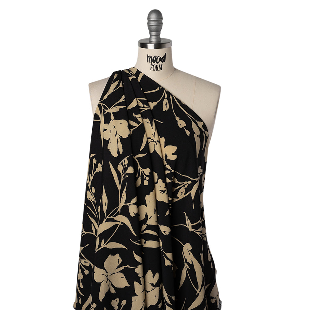 Stretch Polyester Twill Print - Black and Beige Floral - Designer Deadstock
