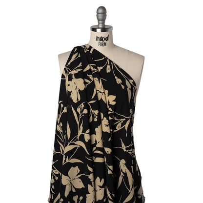 Stretch Polyester Twill Print - Black and Beige Floral - Designer Deadstock