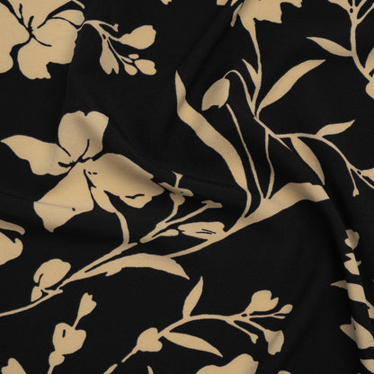 Stretch Polyester Twill Print - Black and Beige Floral - Designer Deadstock