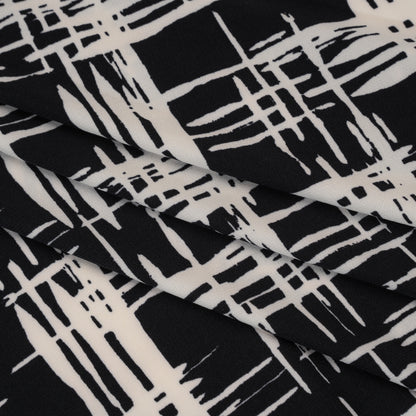 Stretch Matte Polyester Jersey Print - Black and White Abstract Hatching - Designer Deadstock