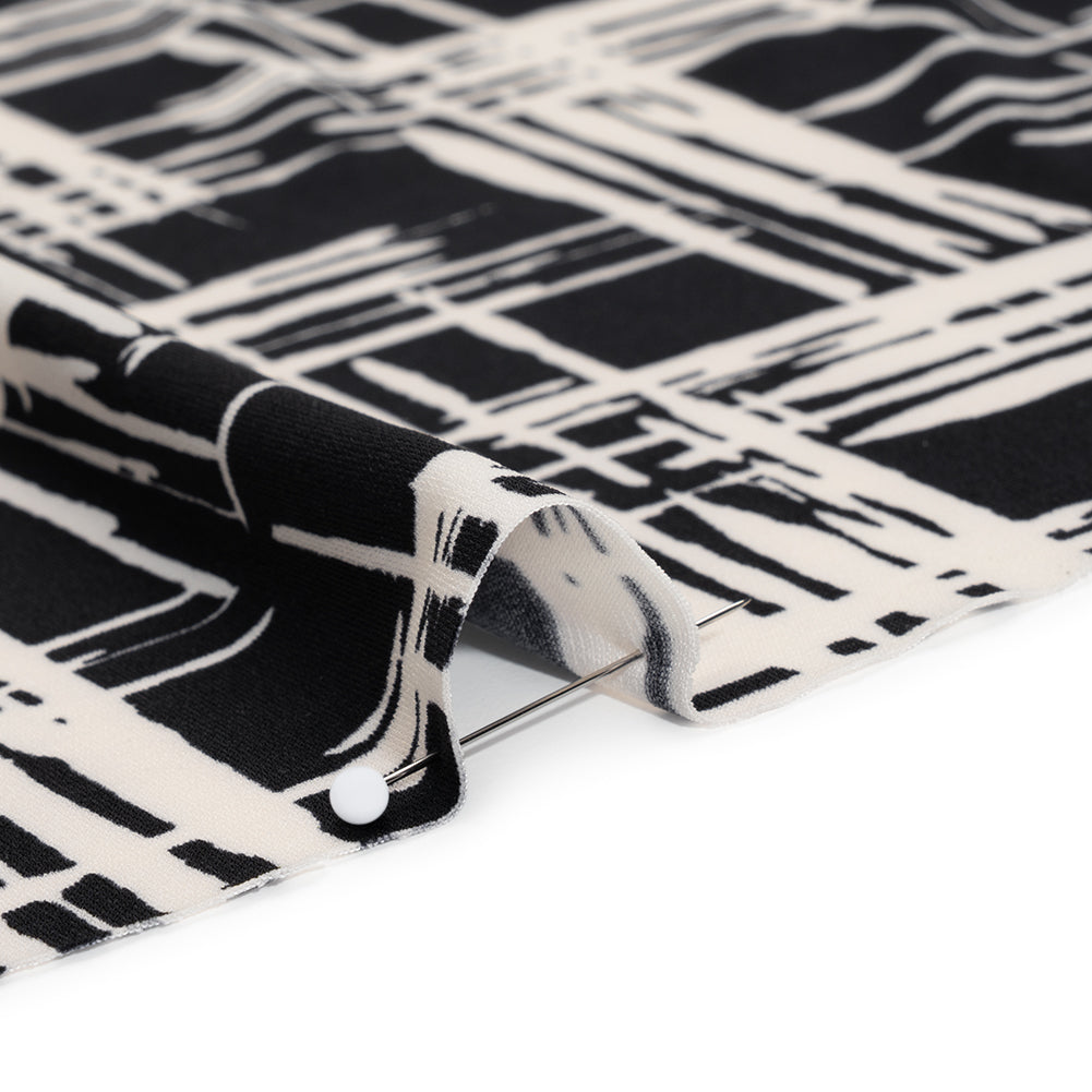 Stretch Matte Polyester Jersey Print - Black and White Abstract Hatching - Designer Deadstock