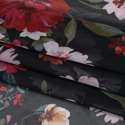 Polyester Chiffon Print - Black, Red and Pale Pink Floral - Designer Deadstock