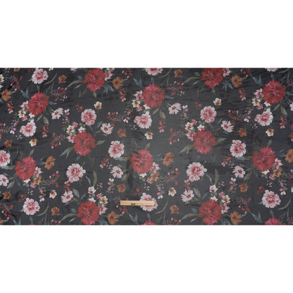 Polyester Chiffon Print - Black, Red and Pale Pink Floral - Designer Deadstock
