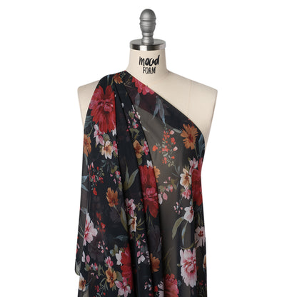 Polyester Chiffon Print - Black, Red and Pale Pink Floral - Designer Deadstock
