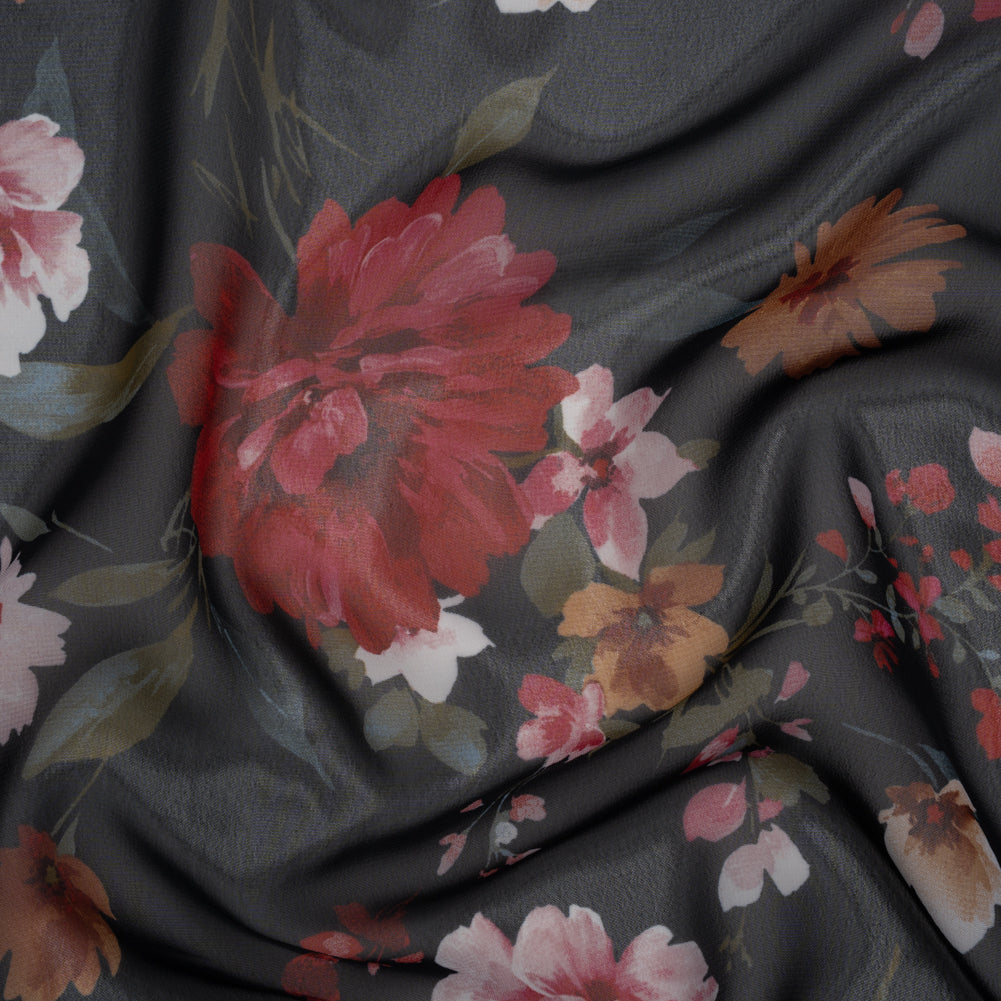 Polyester Chiffon Print - Black, Red and Pale Pink Floral - Designer Deadstock