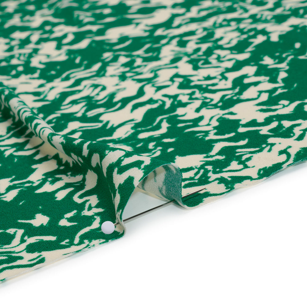 Stretch Polyester Tricot Print - Kelly Green and Cream Abstract Waves - Designer Deadstock