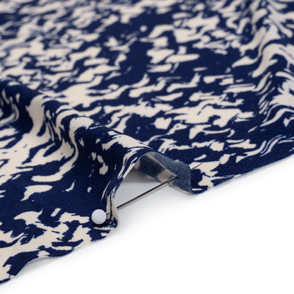 Stretch Polyester Tricot Print - Navy and Cream Abstract Waves - Designer Deadstock