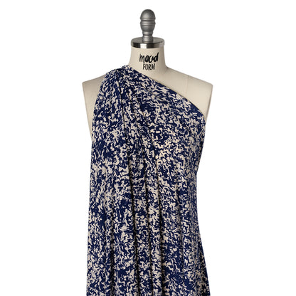 Stretch Polyester Tricot Print - Navy and Cream Abstract Waves - Designer Deadstock