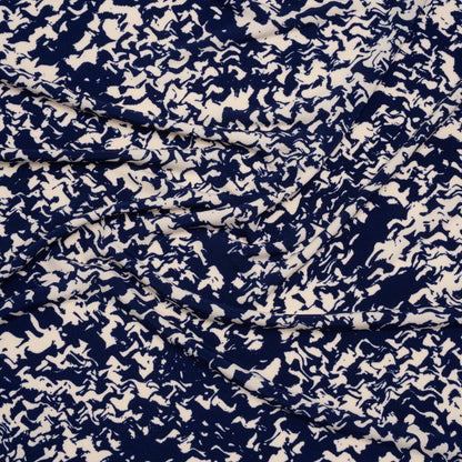 Stretch Polyester Tricot Print - Navy and Cream Abstract Waves - Designer Deadstock