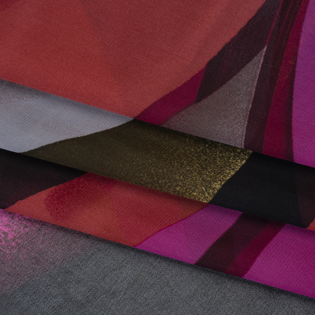Polyester Chiffon Print - Fuchsia, Yellow and Beige Abstract Waves - Designer Deadstock