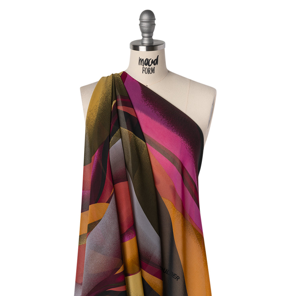 Polyester Chiffon Print - Fuchsia, Yellow and Beige Abstract Waves - Designer Deadstock