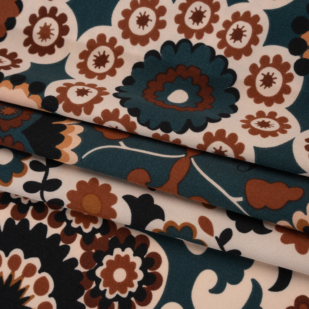 Stretch Polyester Crepe de Chine Print - Sandstorm, Dark Teal and Brick Floral - Designer Deadstock