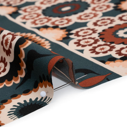 Stretch Polyester Crepe de Chine Print - Sandstorm, Dark Teal and Brick Floral - Designer Deadstock