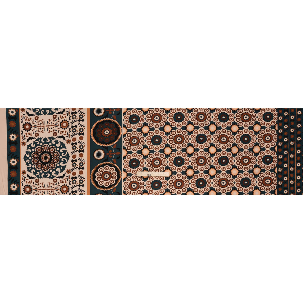 Stretch Polyester Crepe de Chine Print - Sandstorm, Dark Teal and Brick Floral - Designer Deadstock