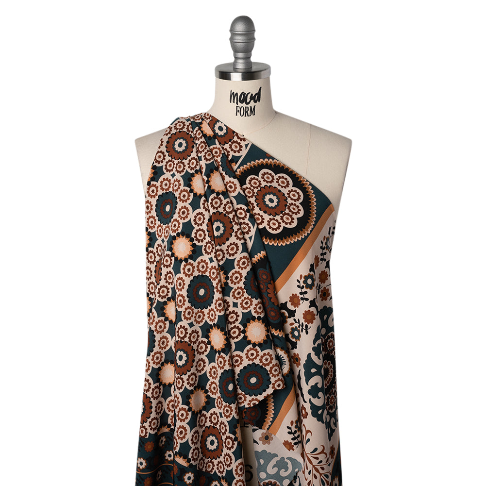 Stretch Polyester Crepe de Chine Print - Sandstorm, Dark Teal and Brick Floral - Designer Deadstock