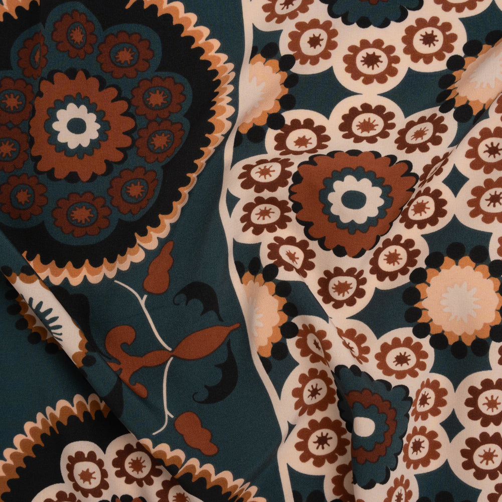 Stretch Polyester Crepe de Chine Print - Sandstorm, Dark Teal and Brick Floral - Designer Deadstock