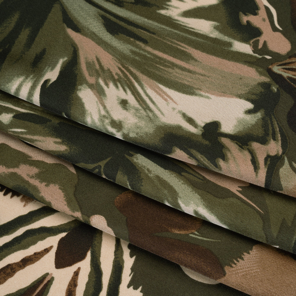 Polyester Charmeuse Print - Dark Olive, Brown and Beige Floral with Abstract Borders - Designer Deadstock