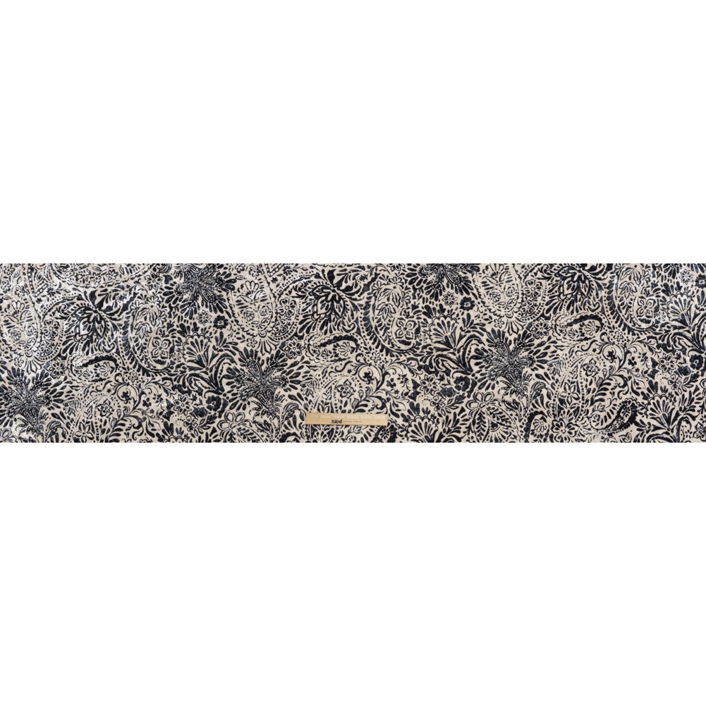 Stretch Polyester Velour Print - Ivory and Black Paisley Floral - Designer Deadstock
