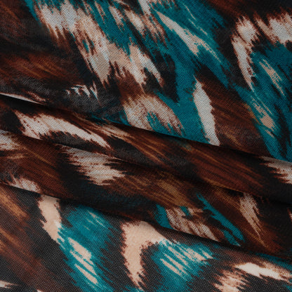 Stretch Polyester Mesh Print - Teal, Brown and Black Feathers - Designer Deadstock Folded
