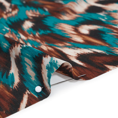 Stretch Polyester Mesh Print - Teal, Brown and Black Feathers - Designer Deadstock Detail