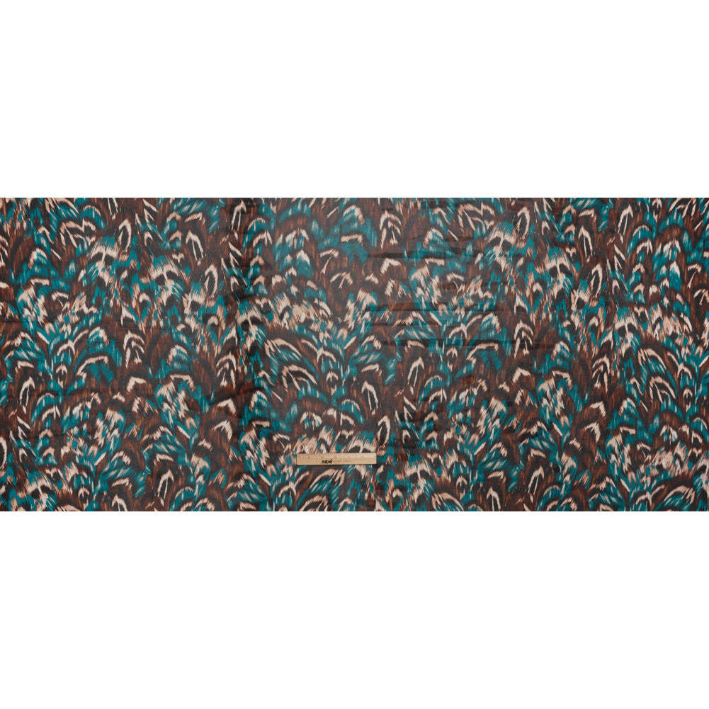 Stretch Polyester Mesh Print - Teal, Brown and Black Feathers - Designer Deadstock - Full