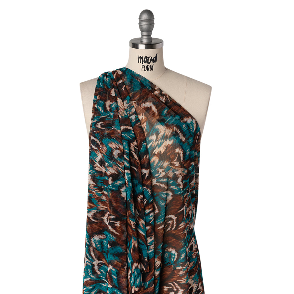 Stretch Polyester Mesh Print - Teal, Brown and Black Feathers - Designer Deadstock Drape