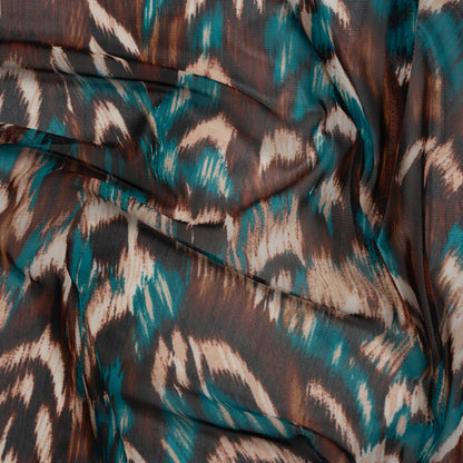 Stretch Polyester Mesh Print - Teal, Brown and Black Feathers - Designer Deadstock