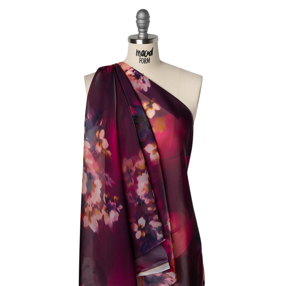 Shimmering Polyester Organza - Magenta, Pale Pink and Dark Blue Painterly Florals - Designer Deadstock