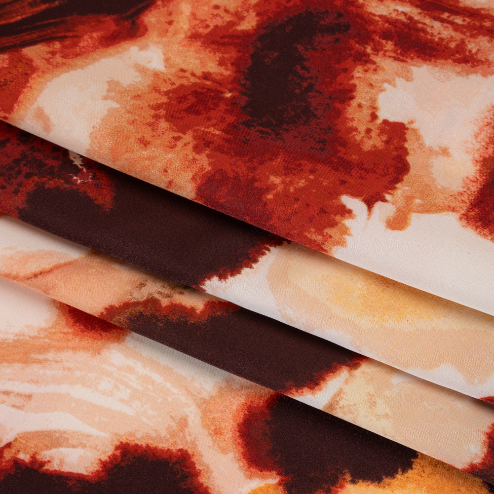 Stretch Polyester Charmeuse Print - Beige, Peach and Burgundy Abstract - Designer Deadstock