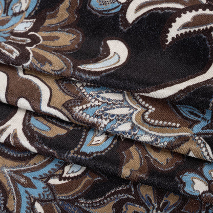 Stretch Polyester Velour - Black, Tan and Sky Blue Jacobean Florals - Designer Deadstock