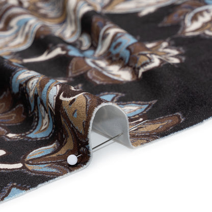 Stretch Polyester Velour - Black, Tan and Sky Blue Jacobean Florals - Designer Deadstock
