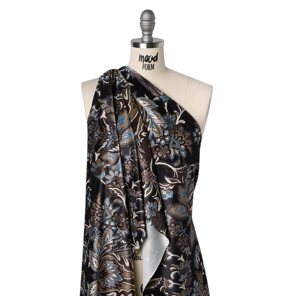 Stretch Polyester Velour - Black, Tan and Sky Blue Jacobean Florals - Designer Deadstock