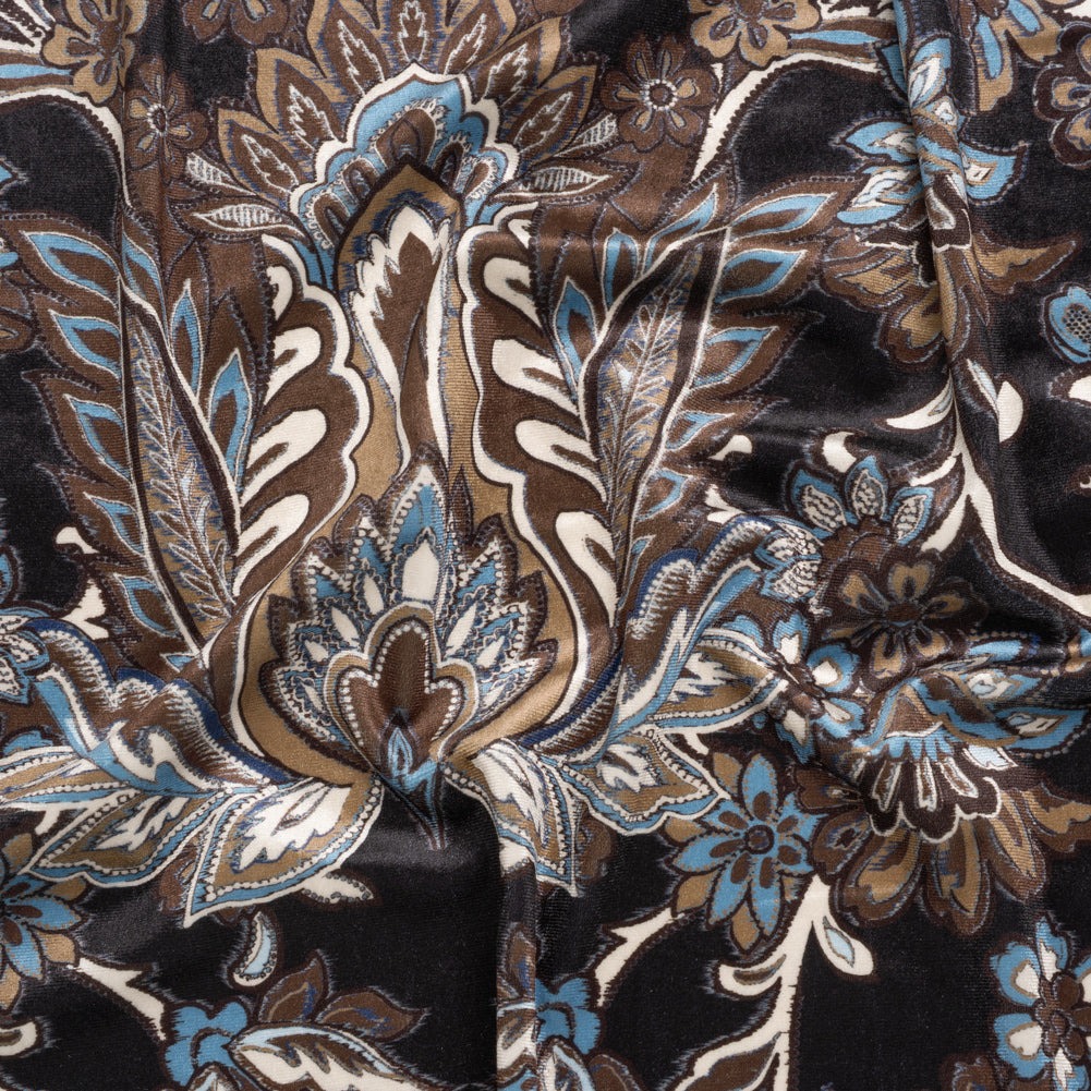 Stretch Polyester Velour - Black, Tan and Sky Blue Jacobean Florals - Designer Deadstock