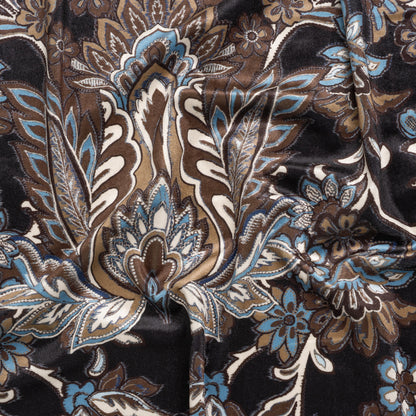 Stretch Polyester Velour - Black, Tan and Sky Blue Jacobean Florals - Designer Deadstock